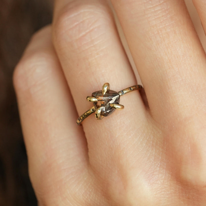 Brown Diamond Ring: RTS 18k Solid Yellow Gold Triangle Shape 4 Prong Set Brown Diamond Crystal Ring in US size 5 / UK size J 1/2