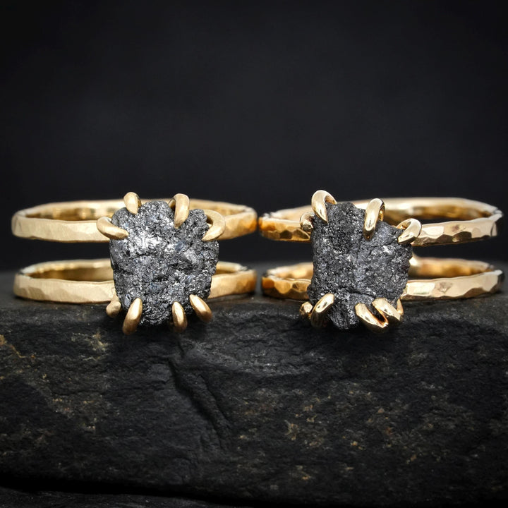 Black Diamond Ring: RTS 14k Solid Yellow Gold 8 Prong Set Raw Uncut Black Diamond Double Band Ring in US size 5.25 and 7