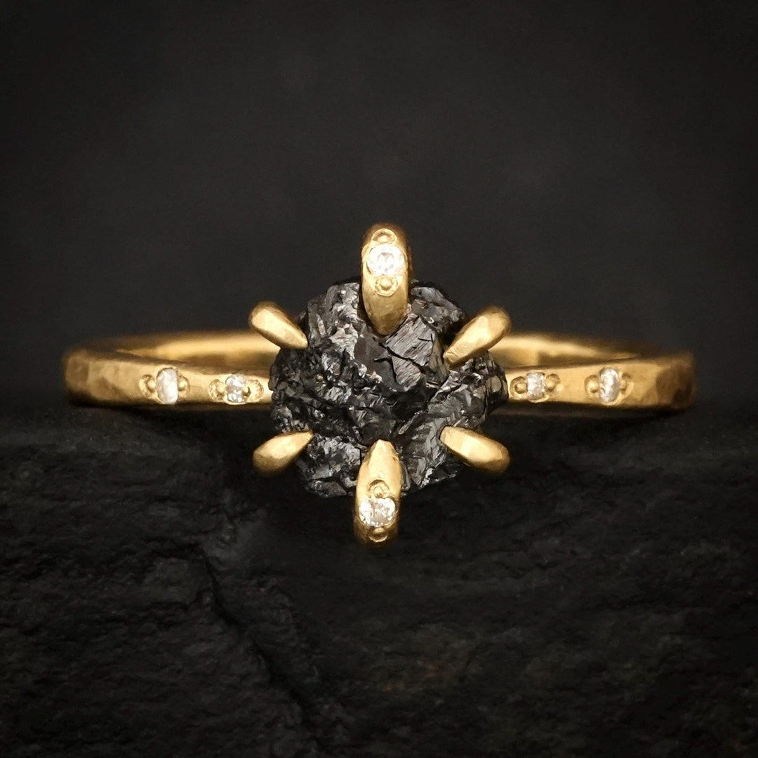 Raw Black Diamond Ring: RTS Solid 18k Yellow Gold 6 Prong Set Uncut Black Diamond and Clear Diamond Ring in US size 5.5 / UK size K 1/2