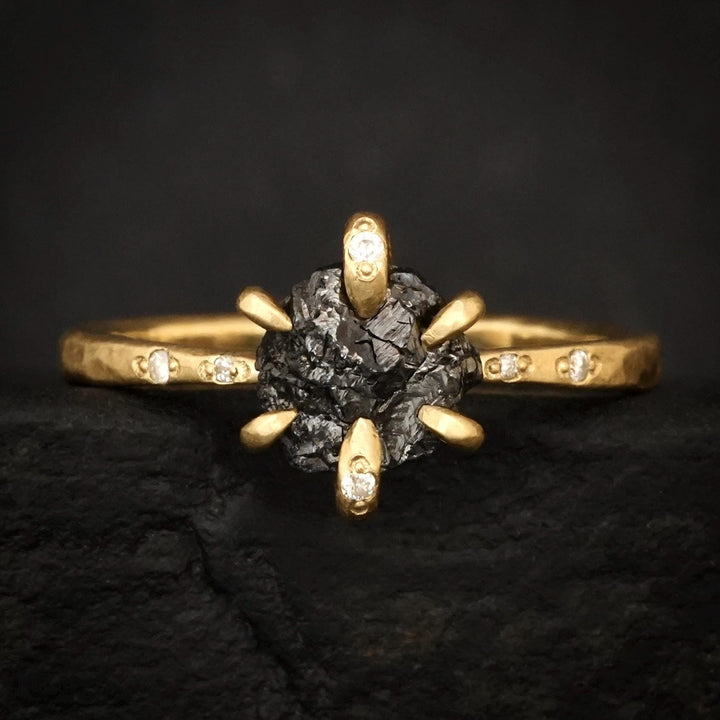 Raw Black Diamond Ring: RTS Solid 18k Yellow Gold 6 Prong Set Uncut Black Diamond and Clear Diamond Ring in US size 5.5 / UK size K 1/2