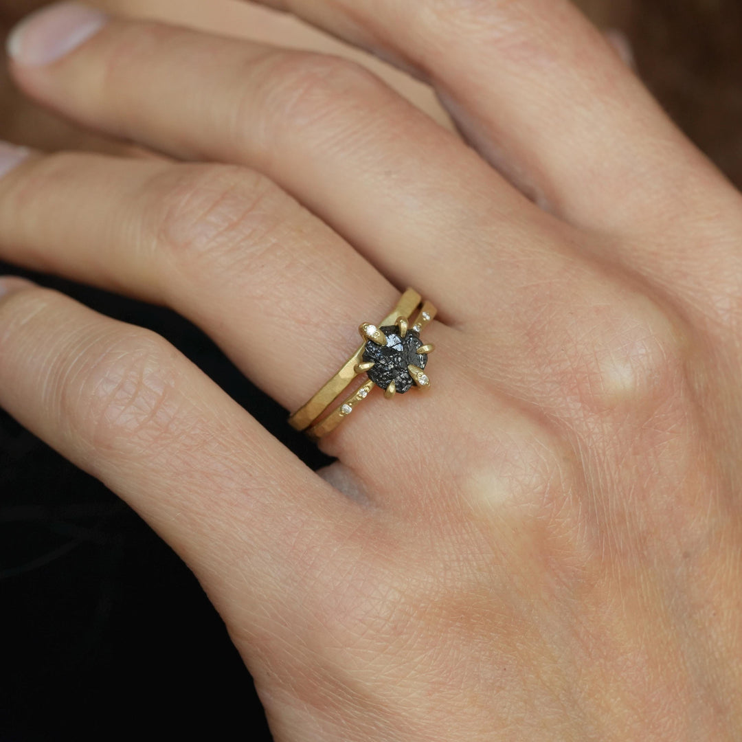 Raw Black Diamond Ring: RTS Solid 18k Yellow Gold 6 Prong Set Uncut Black Diamond and Clear Diamond Ring in US size 5.5 / UK size K 1/2