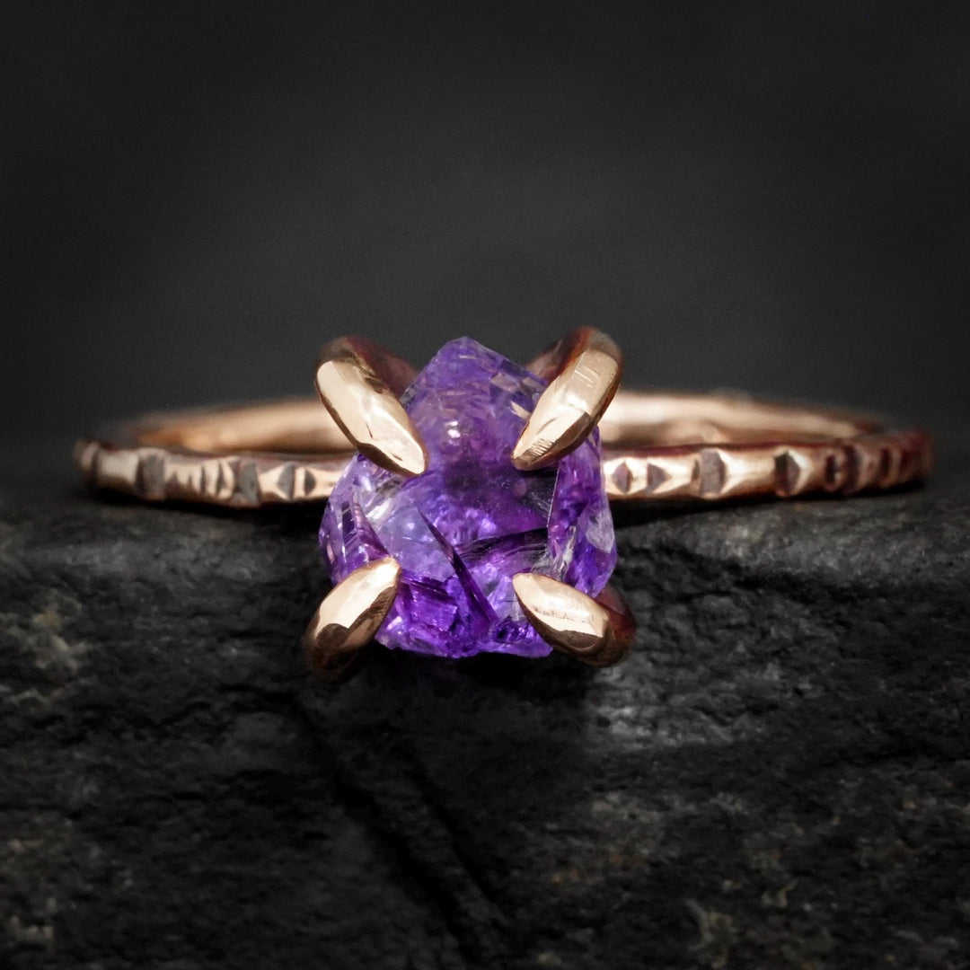 Raw Amethyst Ring: RTS Solid 14k Rose Gold 4 Prong Set Natural Uncut Amethyst Crystal Ring in US size 5.5 / UK size K 1/2