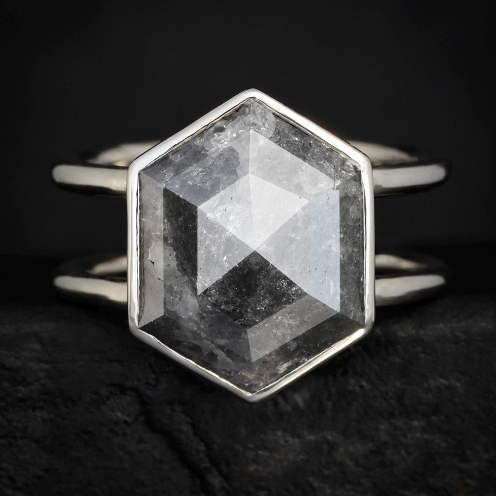 Hexagon Diamond Ring: RTS 14k Solid White Gold Bezel Set Double Band Hexagon Grey Salt and Pepper Galaxy Diamond Ring in US size 5.75