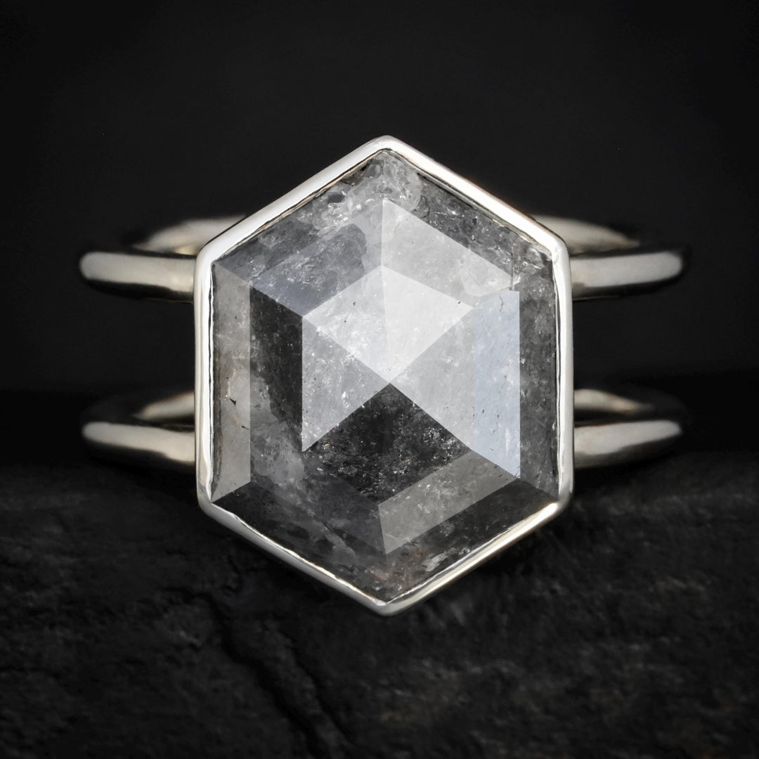 Hexagon Diamond Ring. 14k Solid Gold Bezel Set Double Band Hexagon Grey Salt and Pepper Galaxy Diamond Statement Engagement Ring