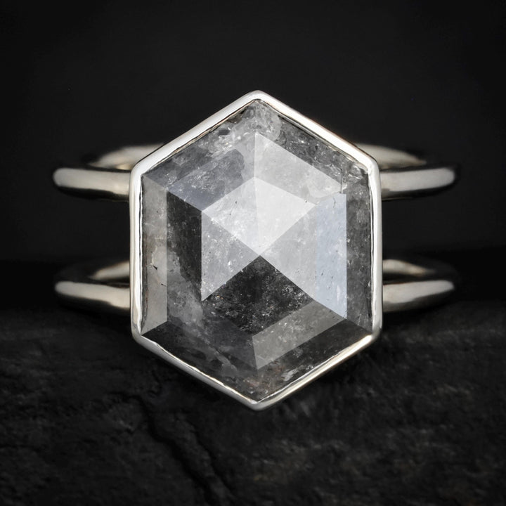 Hexagon Diamond Ring. 14k Solid Gold Bezel Set Double Band Hexagon Grey Salt and Pepper Galaxy Diamond Statement Engagement Ring