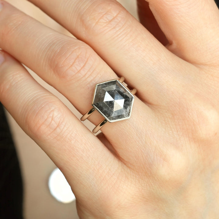 Hexagon Diamond Ring: RTS 14k Solid White Gold Bezel Set Double Band Hexagon Grey Salt and Pepper Galaxy Diamond Ring in US size 5.75