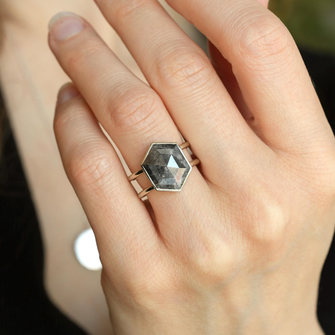 Hexagon Diamond Ring. 14k Solid Gold Bezel Set Double Band Hexagon Grey Salt and Pepper Galaxy Diamond Statement Engagement Ring