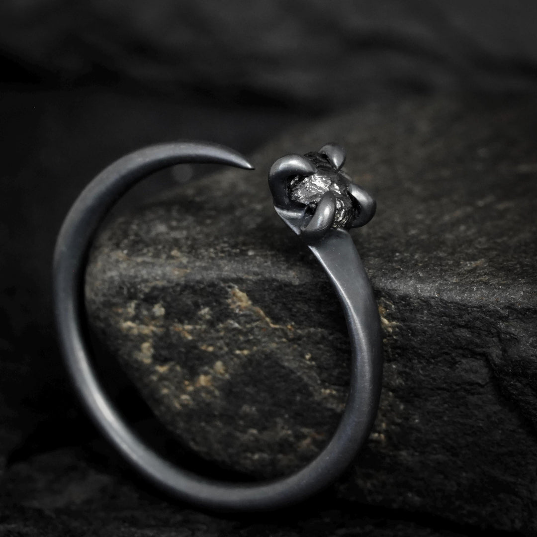 Black Diamond Ring. Adjustable Raw Black Diamond Horseshoe Nail Ring. Unique Rustic Natural Raw Rough Black Diamond Gemstone Engagement Ring