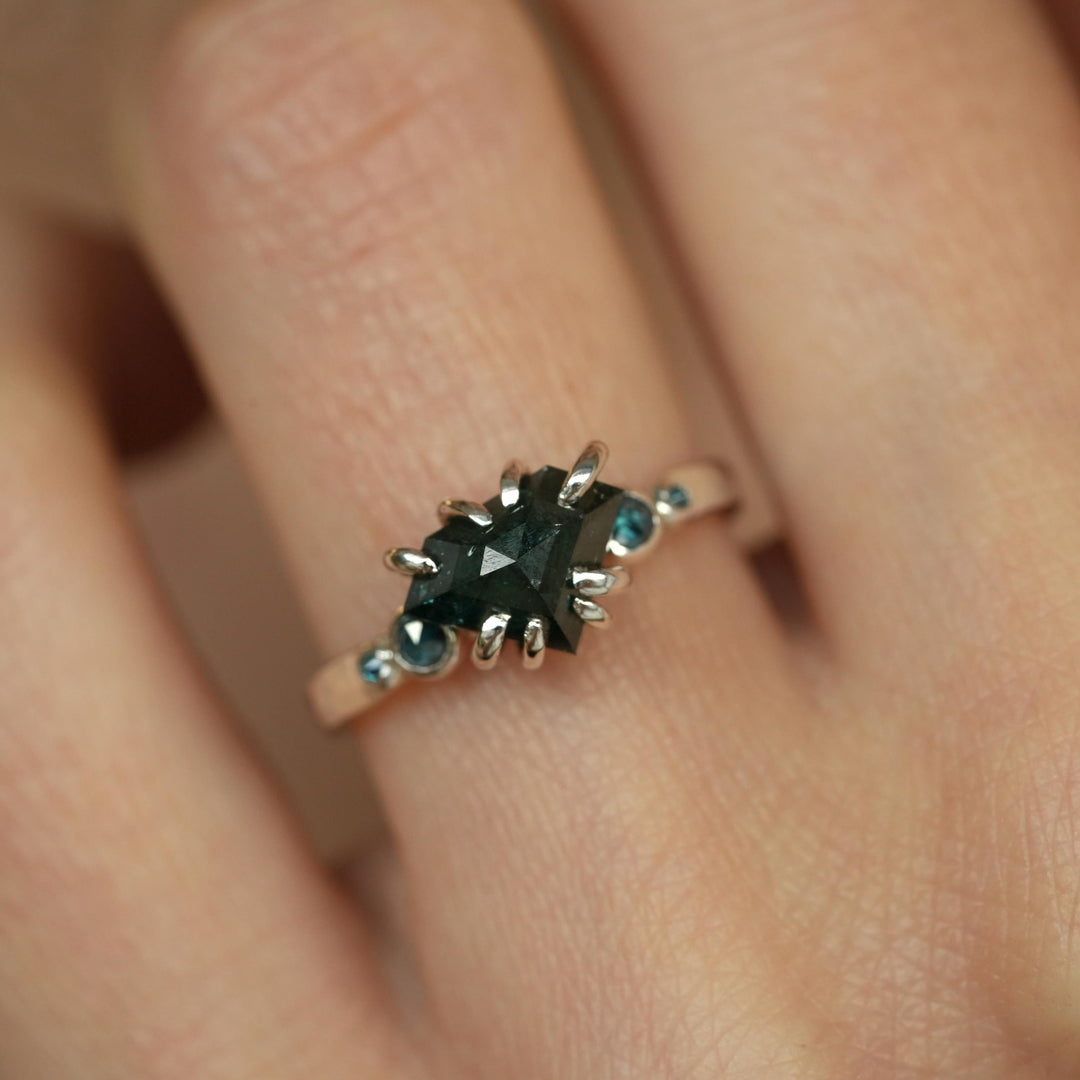 Blue Diamond Ring: RTS Organic Unique Blue Natural Diamond 8 Prong Set Silver Diamond Engagement Ring in US size 5.5 / UK size K 1/2