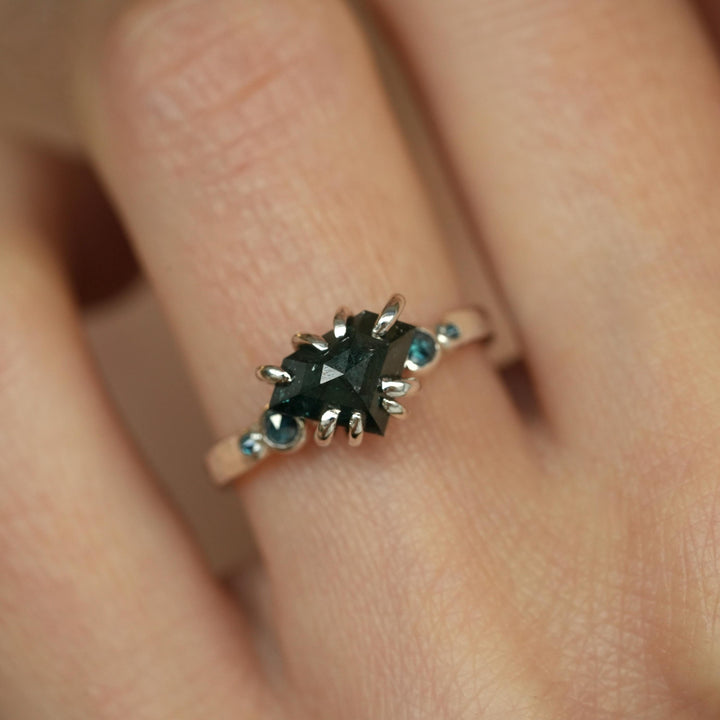 Blue Diamond Ring: RTS Organic Unique Blue Natural Diamond 8 Prong Set Silver Diamond Engagement Ring in US size 5.5 / UK size K 1/2