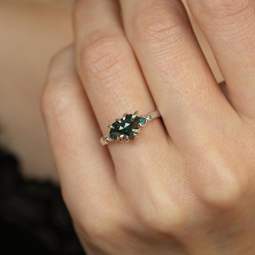 Blue Diamond Ring: RTS Organic Unique Blue Natural Diamond 8 Prong Set Silver Diamond Engagement Ring in US size 5.5 / UK size K 1/2