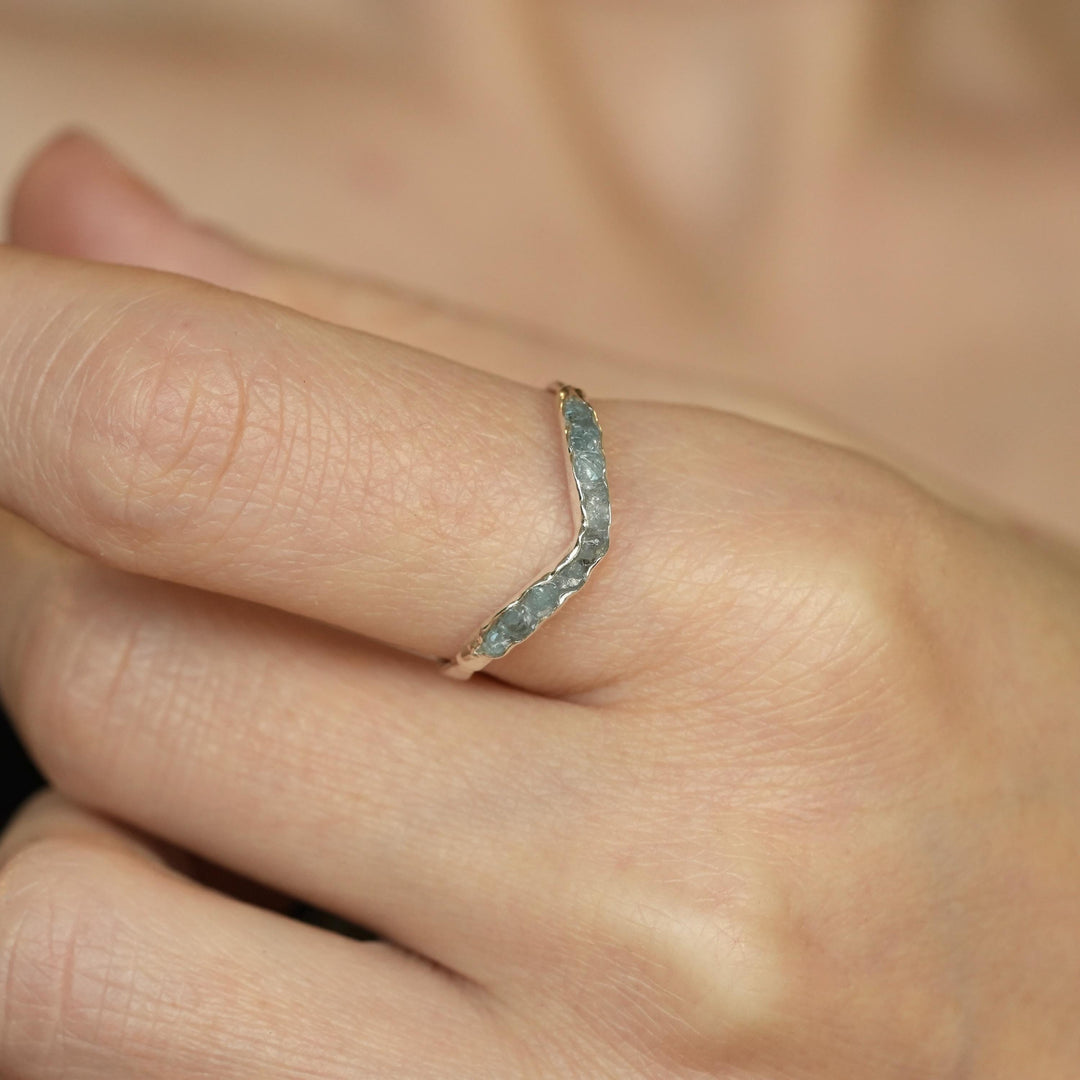 Aquamarine Wave Ring: RTS Raw Uncut Natural Bezel Set Aquamarine Chevron Wave Wedding Band Ring in US size 8.25 / UK size Q