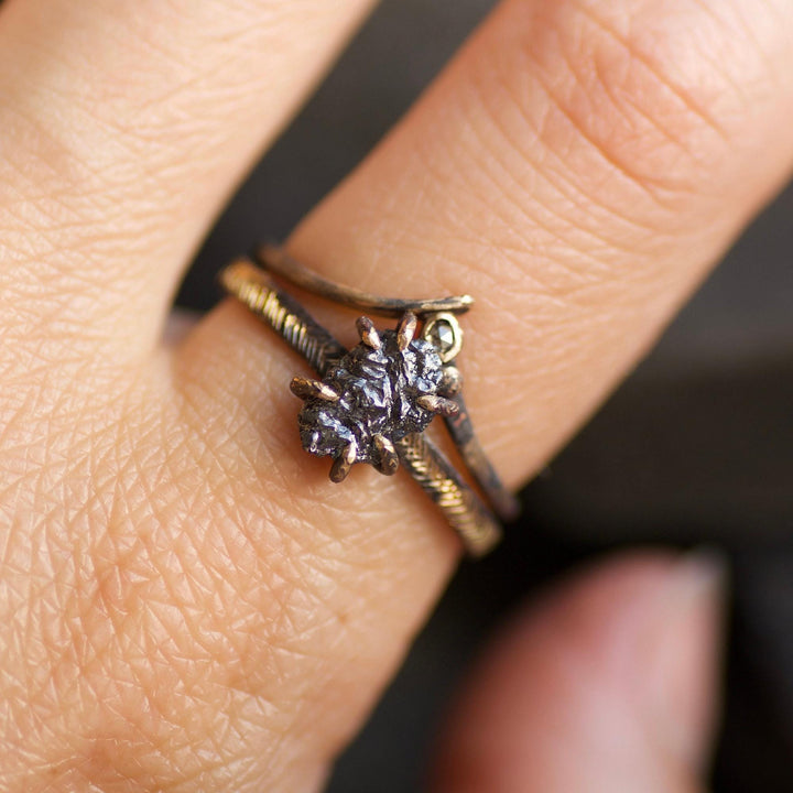 Black Diamond Ring Set. Set of 2 Rustic Unique Gold Silver Raw Uncut Rough Black Diamond and Galaxy Diamond Wave Chevron Ring Set for Her