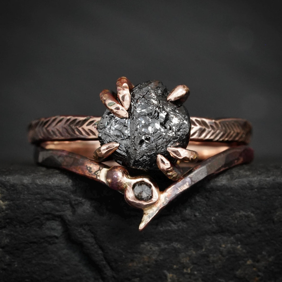 Black Diamond Ring Set. Set of 2 Rustic Unique Gold Silver Raw Uncut Rough Black Diamond and Galaxy Diamond Wave Chevron Ring Set for Her