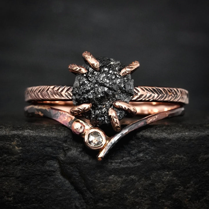Black Diamond Ring Set. Set of 2 Rustic Unique Gold Silver Raw Uncut Rough Black Diamond and Galaxy Diamond Wave Chevron Ring Set for Her