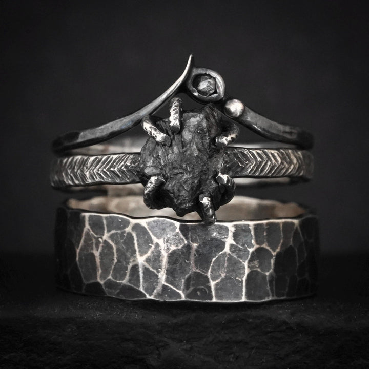 Black Diamond Ring Set. Set of 2 Rustic Unique Gold Silver Raw Uncut Rough Black Diamond and Galaxy Diamond Wave Chevron Ring Set for Her