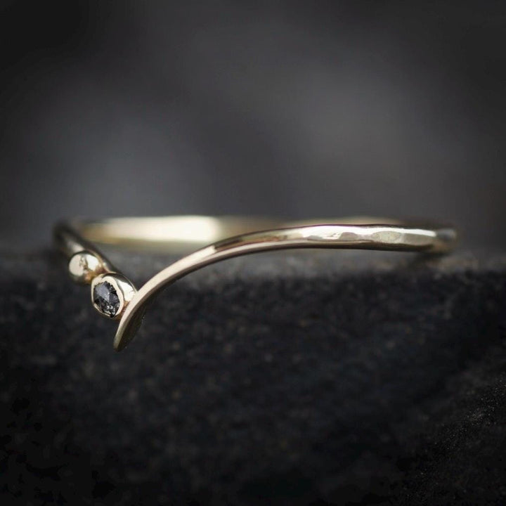 Black Diamond Ring Set. Set of 2 Rustic Unique Gold Silver Raw Uncut Rough Black Diamond and Galaxy Diamond Wave Chevron Ring Set for Her