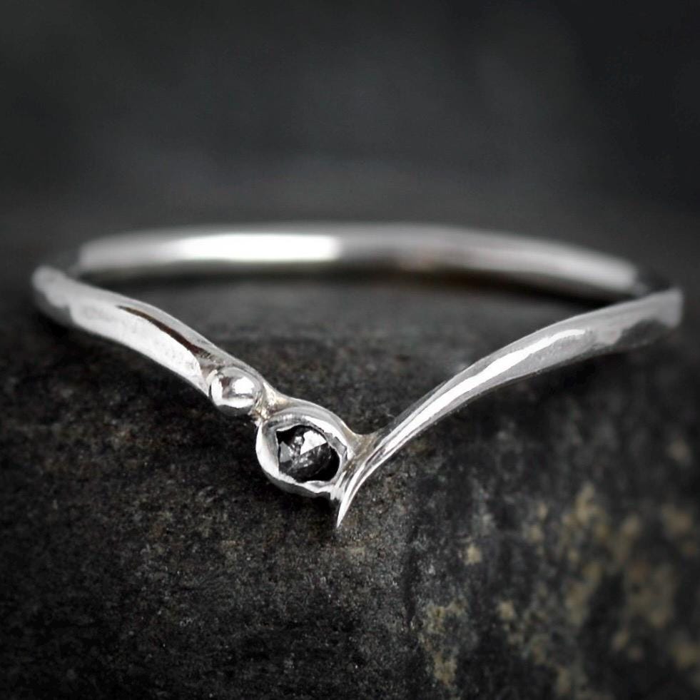 Black Diamond Ring Set. Set of 2 Rustic Unique Gold Silver Raw Uncut Rough Black Diamond and Galaxy Diamond Wave Chevron Ring Set for Her