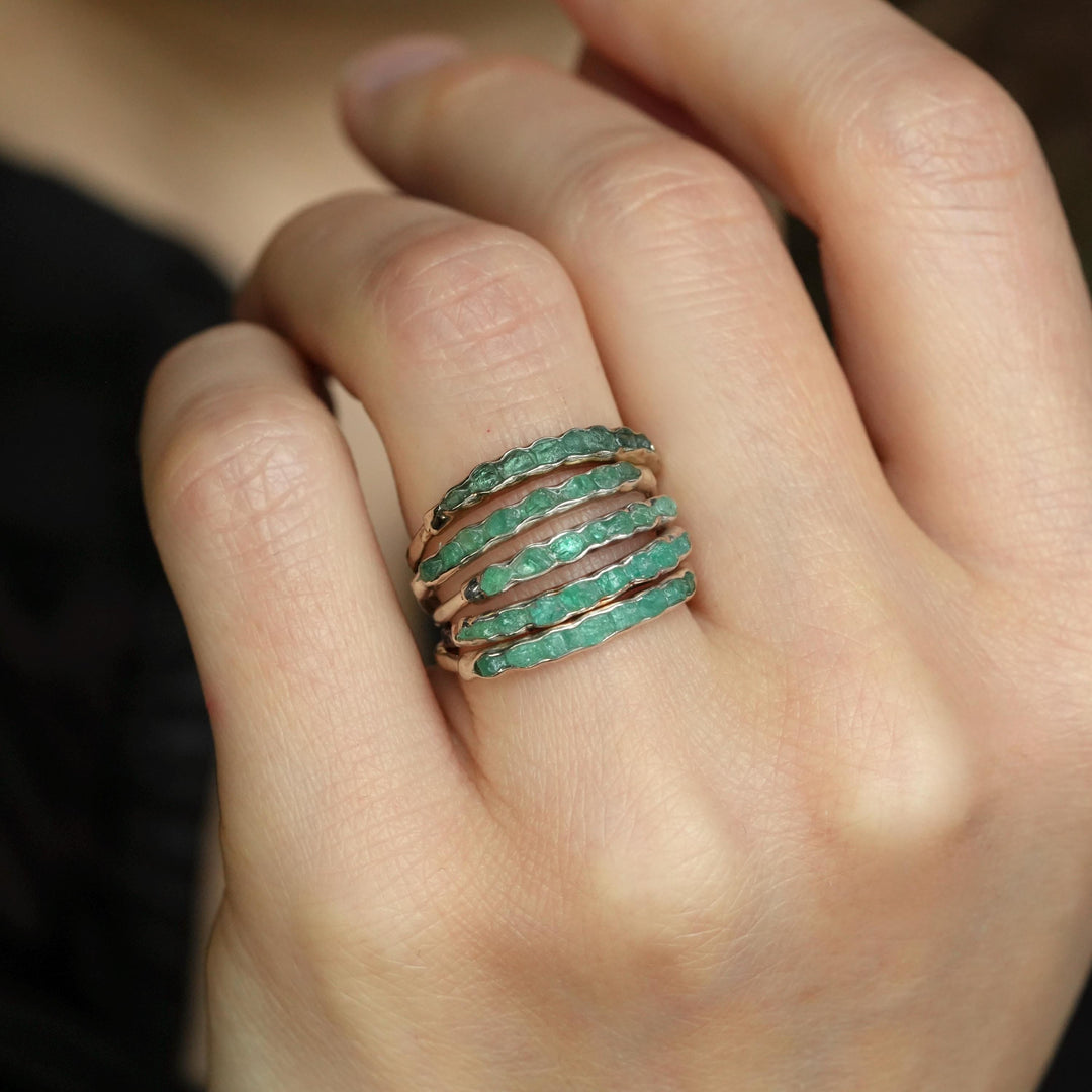 Raw Emerald Ring: RTS Solid Silver or Gold Raw Uncut Natural Raw Rough Uncut Light Green Emerald Stackable Band Rings in US size 5.5-9.5