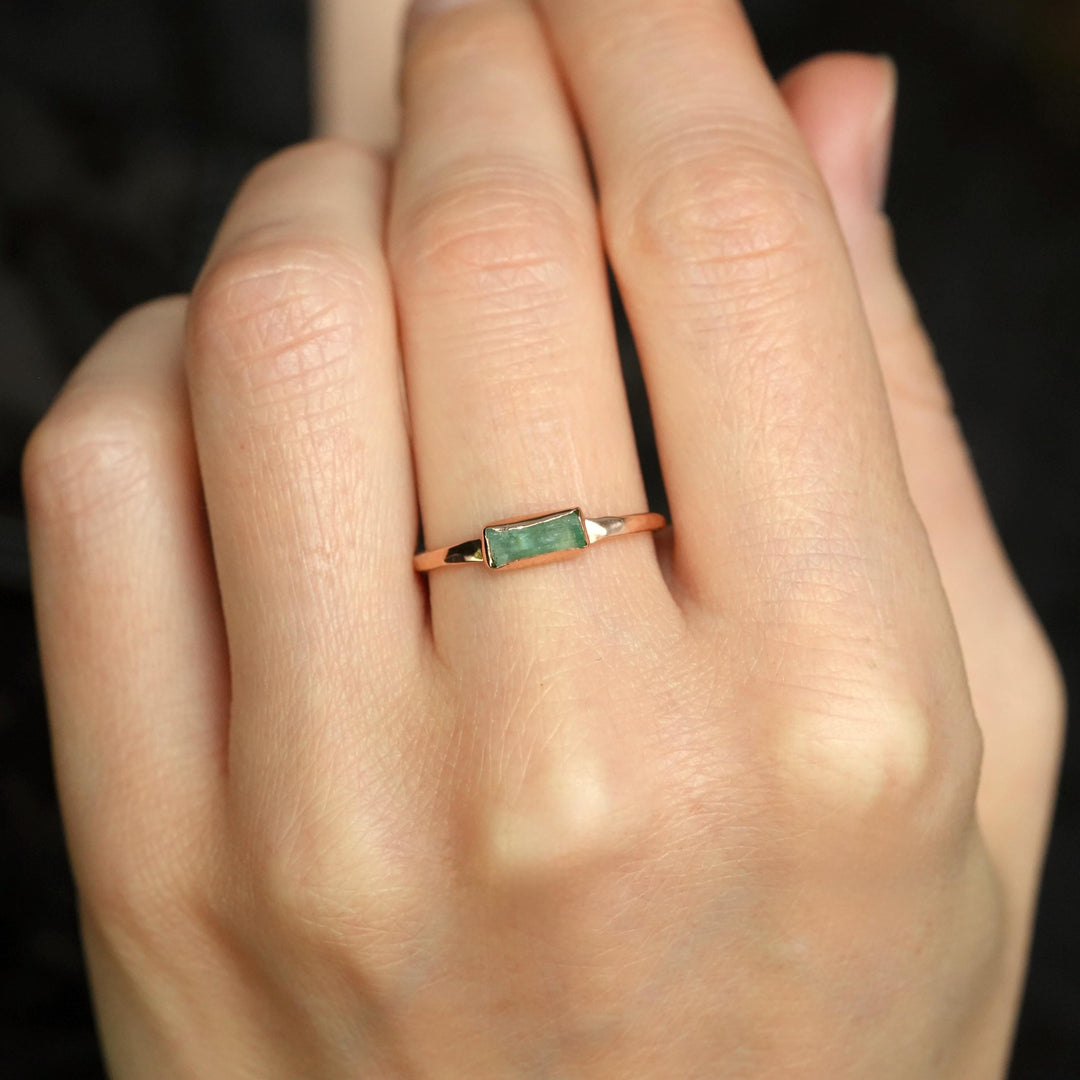Emerald Crystal Ring: RTS Solid 14k Rose Gold Bezel Set Natural Emerald Crystal Engagement Promise Band Ring in US size 7