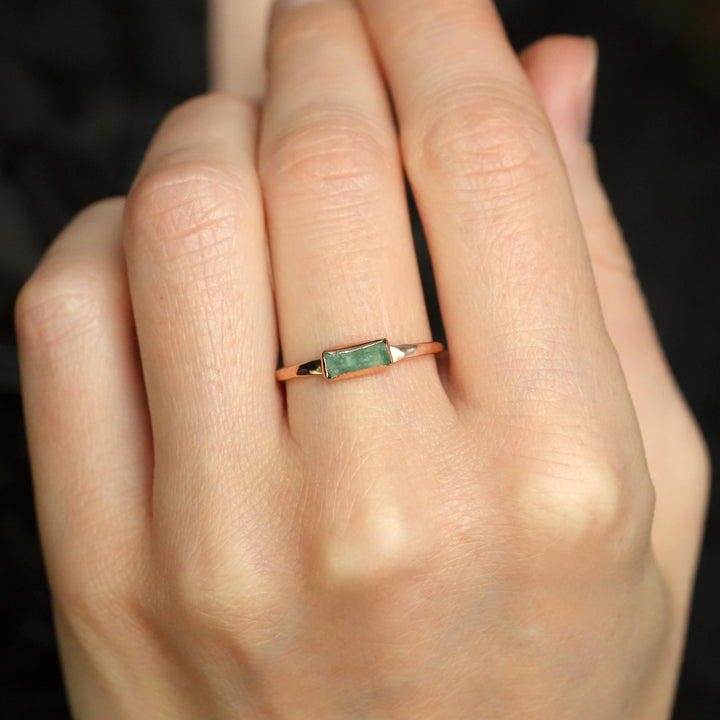 Emerald Crystal Ring: RTS Solid 14k Rose Gold Bezel Set Natural Emerald Crystal Engagement Promise Band Ring in US size 7