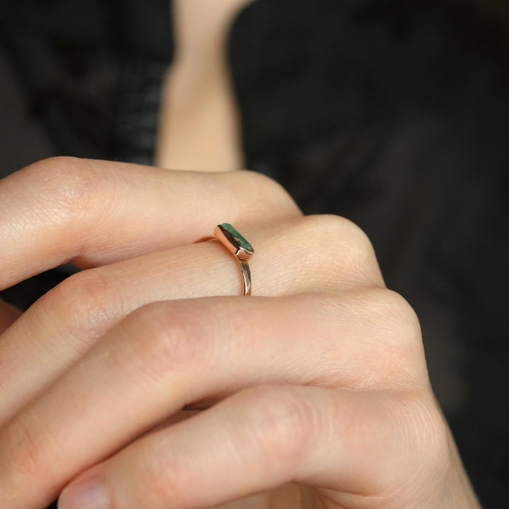 Emerald Crystal Ring: RTS Solid 14k Rose Gold Bezel Set Natural Emerald Crystal Engagement Promise Band Ring in US size 7