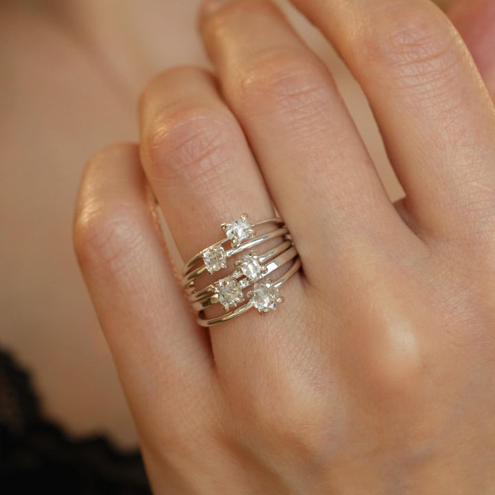 Herkimer Diamond Ring: RTS 925 Silver 4 Prong Set Large Natural Herkimer Diamond Crystal Engagement Ring in US size 5-7.25