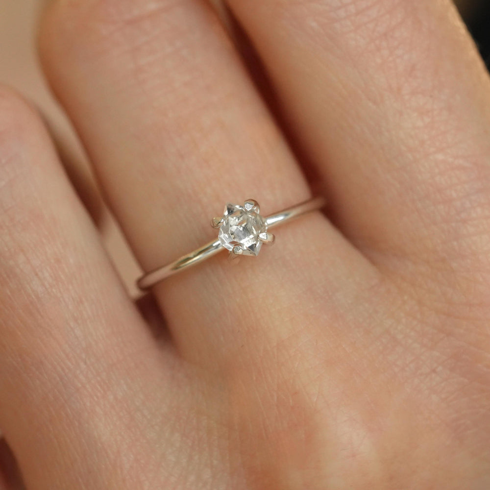 Herkimer Diamond Ring: RTS 925 Silver 4 Prong Set Large Natural Herkimer Diamond Crystal Engagement Ring in US size 5-7.25