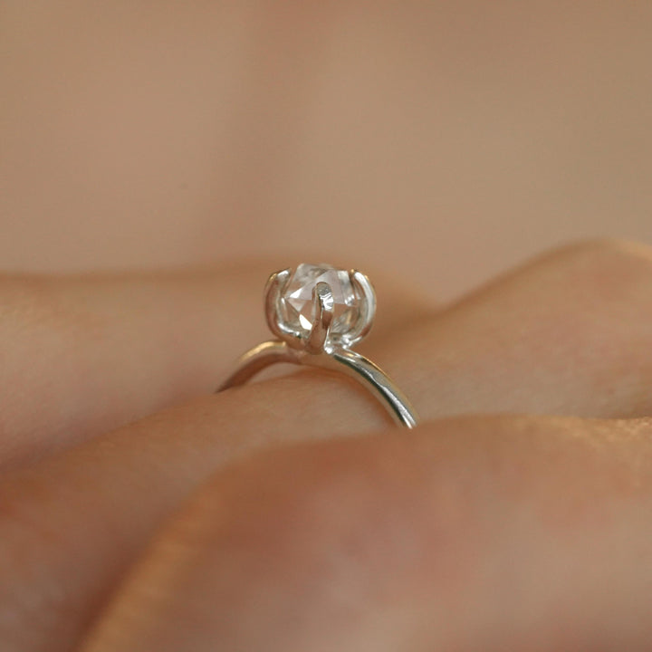 Herkimer Diamond Ring: RTS 925 Silver 4 Prong Set Large Natural Herkimer Diamond Crystal Engagement Ring in US size 5-7.25