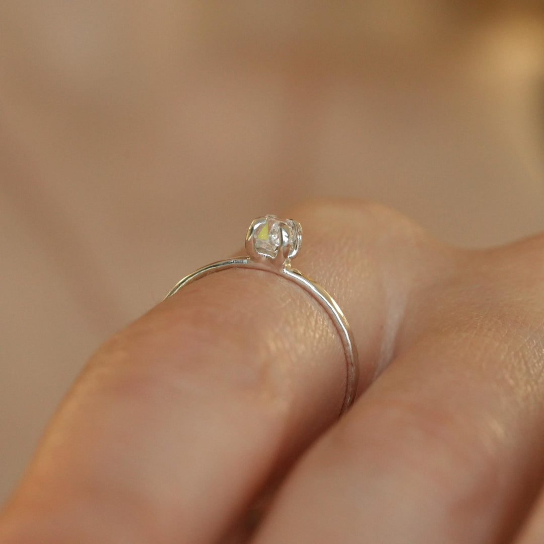 Herkimer Diamond Ring: RTS 925 Silver 4 Prong Set Large Natural Herkimer Diamond Crystal Engagement Ring in US size 5-7.25