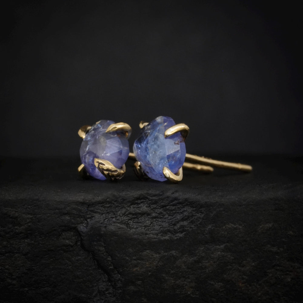 RTS 14k Yellow Solid Gold Rose Cushion Rounded Square Cut Prong Set Tanzanite Stud Earrings