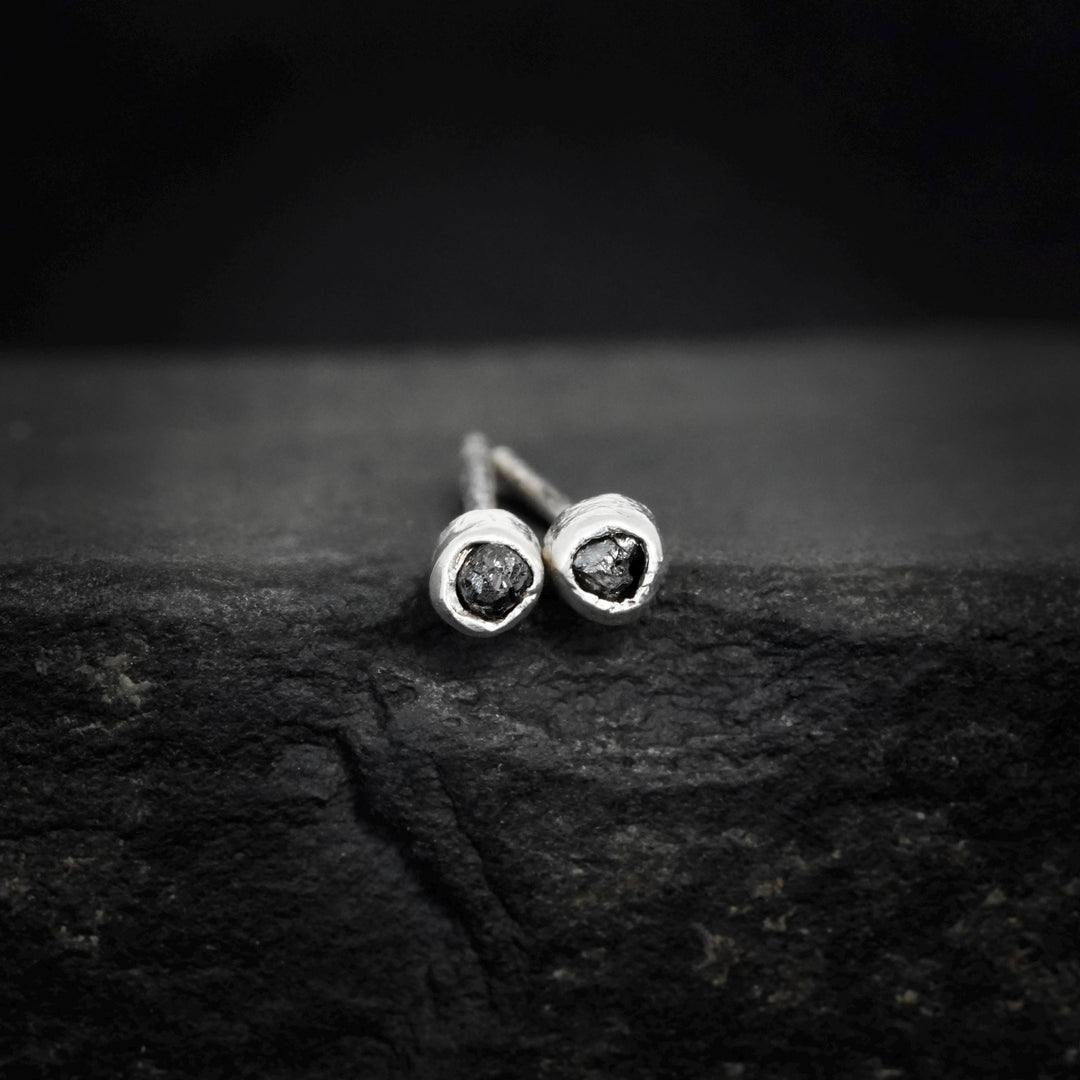 Tiny Black Diamond Studs: RTS Solid 925 Sterling Silver Raw Uncut Bezel Set Round Black Diamond Stud Earrings