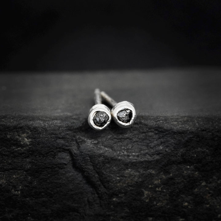 Tiny Black Diamond Studs: RTS Solid 925 Sterling Silver Raw Uncut Bezel Set Round Black Diamond Stud Earrings