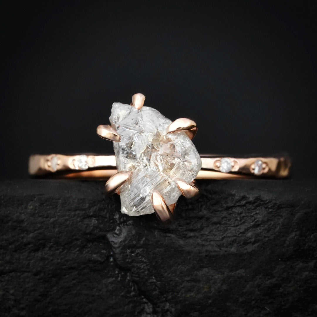 Raw Diamond Ring: RTS Solid 14k Rose Gold 6 Prong Set Uncut Natural White Salt and Pepper Galaxy Diamond Ring in US size 5.5 / UK size K 1/2