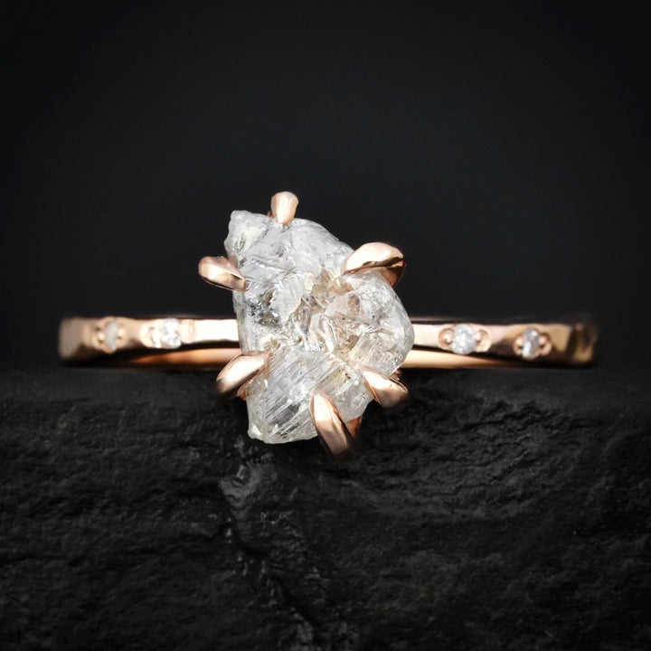 Raw Diamond Ring: RTS Solid 14k Rose Gold 6 Prong Set Uncut Natural White Salt and Pepper Galaxy Diamond Ring in US size 5.5 / UK size K 1/2