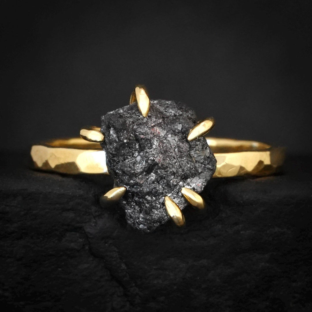 Black Diamond Ring: RTS 18k Solid Yellow Gold 6 Prong Set Raw Uncut Black Diamond Ring in US size 7.5 / UK size O 1/2