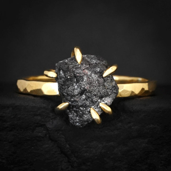 Black Diamond Ring: RTS 18k Solid Yellow Gold 6 Prong Set Raw Uncut Black Diamond Ring in US size 7.5 / UK size O 1/2