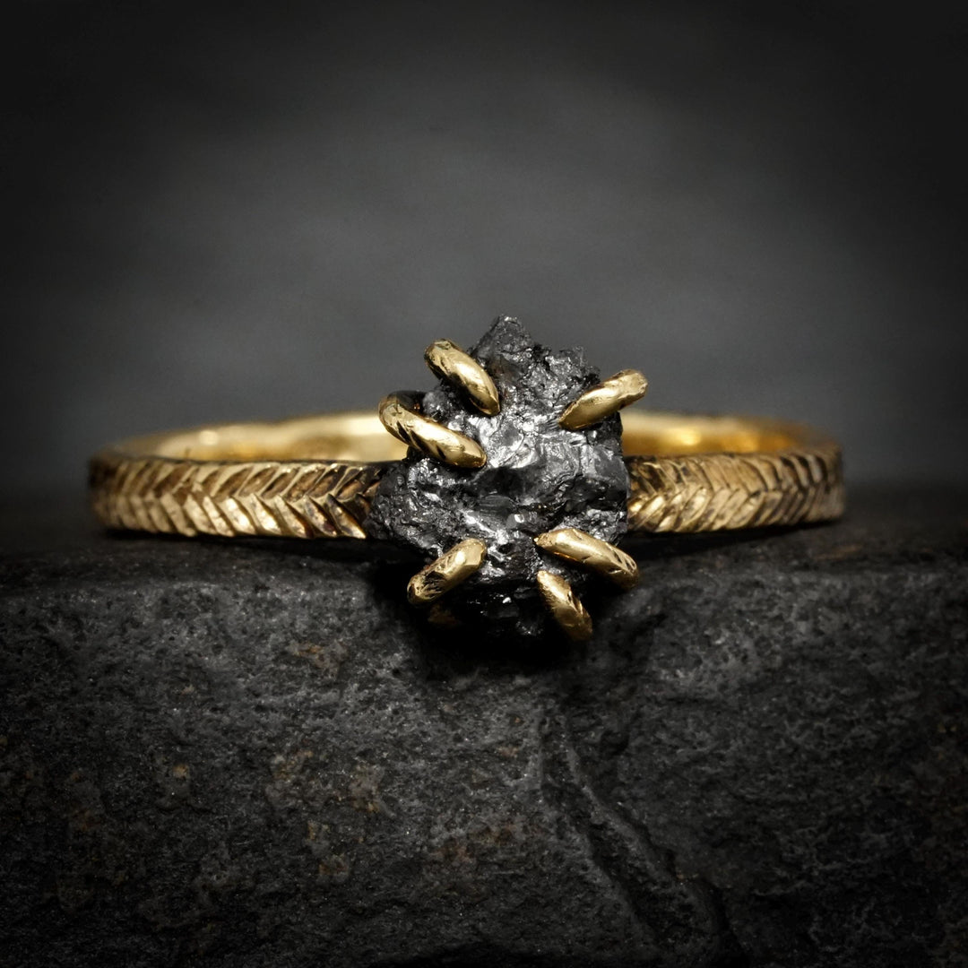 Black Diamond Ring: RTS Solid 18k Yellow Gold 6 Prong Set Raw Uncut Black Diamond Feather Ring in US size 6 / UK size L 1/2