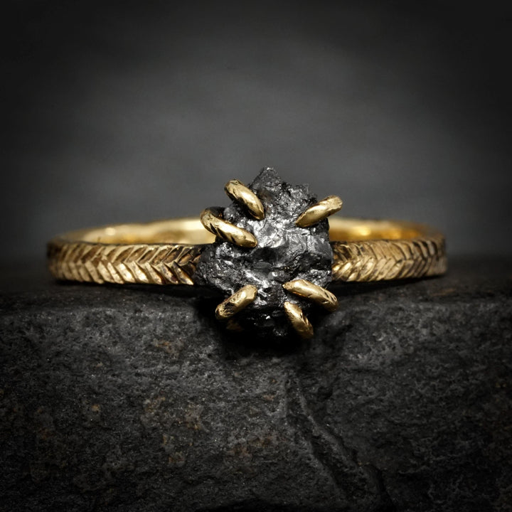 Black Diamond Ring: RTS Solid 18k Yellow Gold 6 Prong Set Raw Uncut Black Diamond Feather Ring in US size 6 / UK size L 1/2