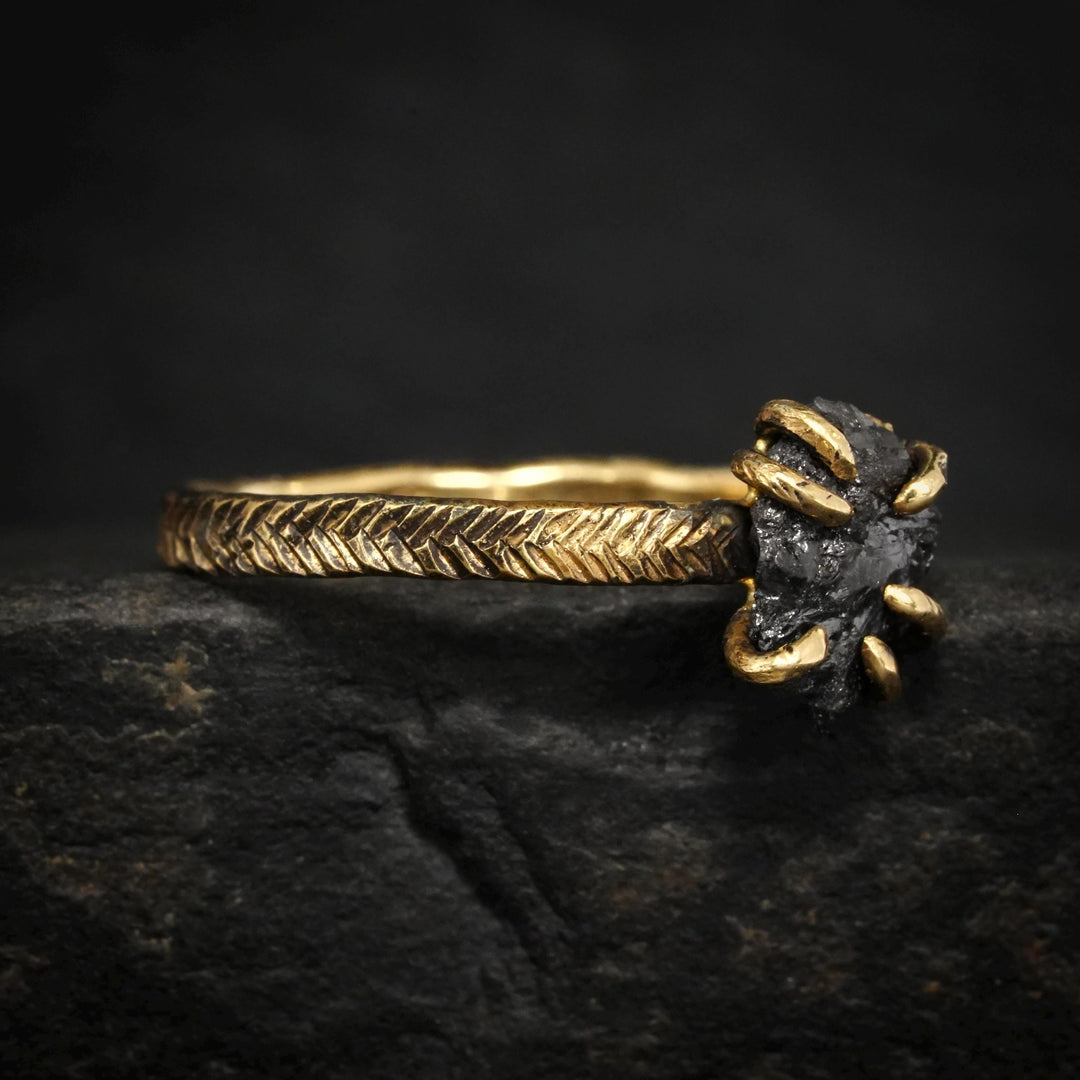 Black Diamond Ring: RTS Solid 18k Yellow Gold 6 Prong Set Raw Uncut Black Diamond Feather Ring in US size 6 / UK size L 1/2