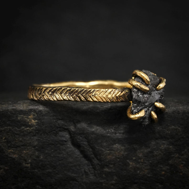 Black Diamond Ring: RTS Solid 18k Yellow Gold 6 Prong Set Raw Uncut Black Diamond Feather Ring in US size 6 / UK size L 1/2