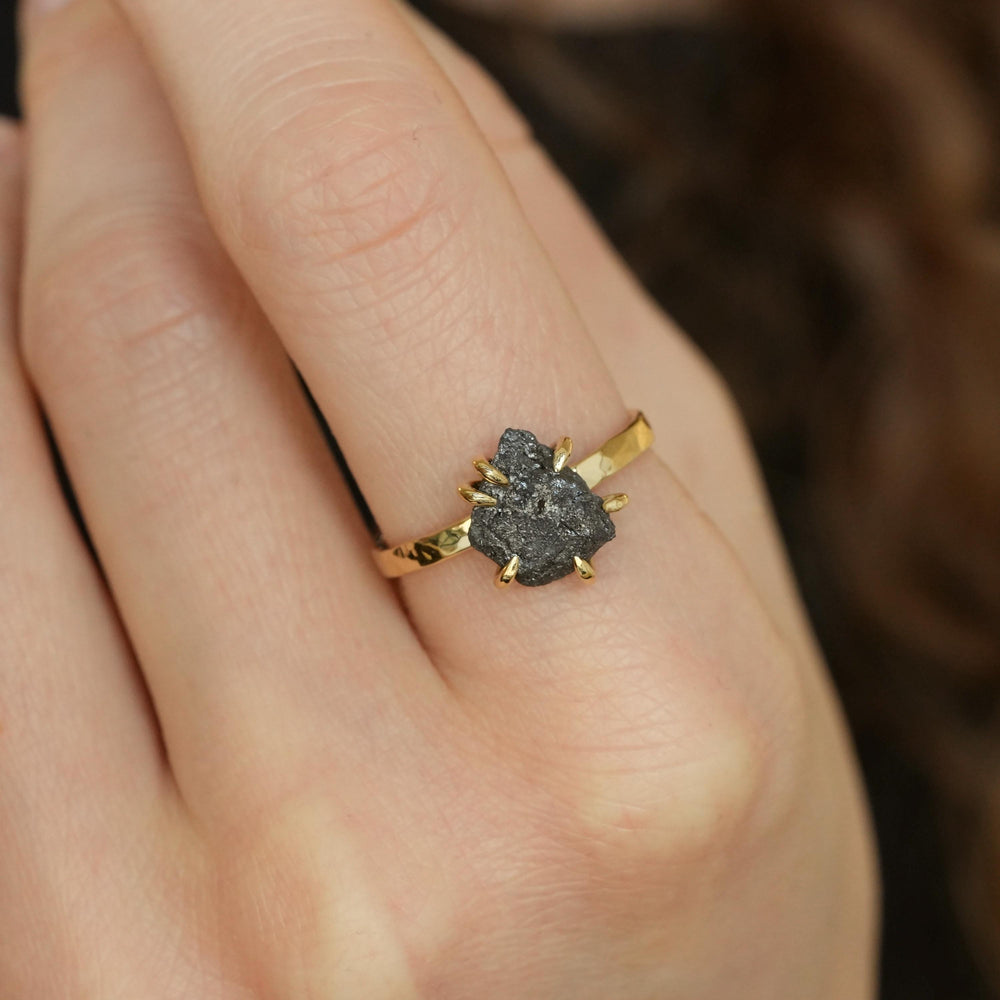 Black Diamond Ring: RTS 18k Solid Yellow Gold 6 Prong Set Raw Uncut Black Diamond Ring in US size 7.5 / UK size O 1/2