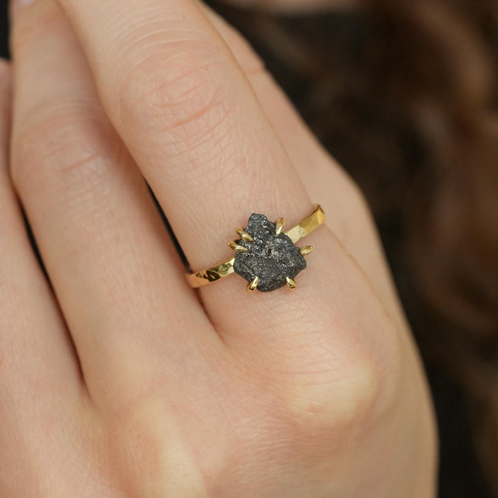 Black Diamond Ring: RTS 18k Solid Yellow Gold 6 Prong Set Raw Uncut Black Diamond Ring in US size 7.5 / UK size O 1/2