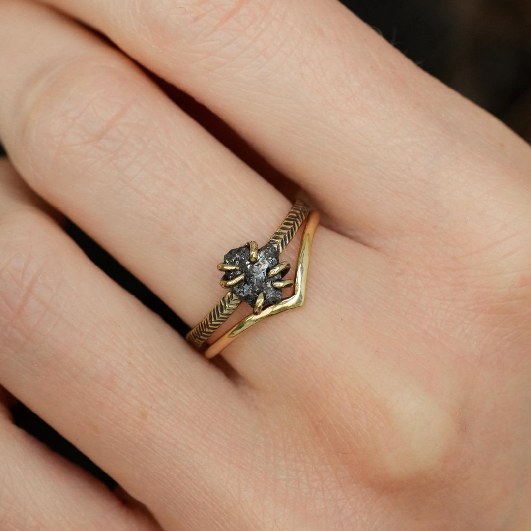 Black Diamond Ring: RTS Solid 18k Yellow Gold 6 Prong Set Raw Uncut Black Diamond Feather Ring in US size 6 / UK size L 1/2