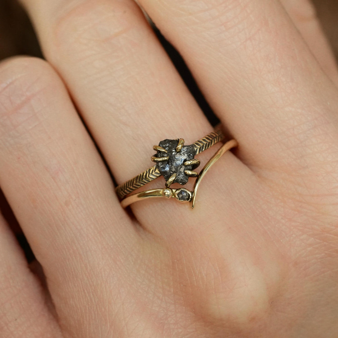 Black Diamond Ring: RTS Solid 18k Yellow Gold 6 Prong Set Raw Uncut Black Diamond Feather Ring in US size 6 / UK size L 1/2