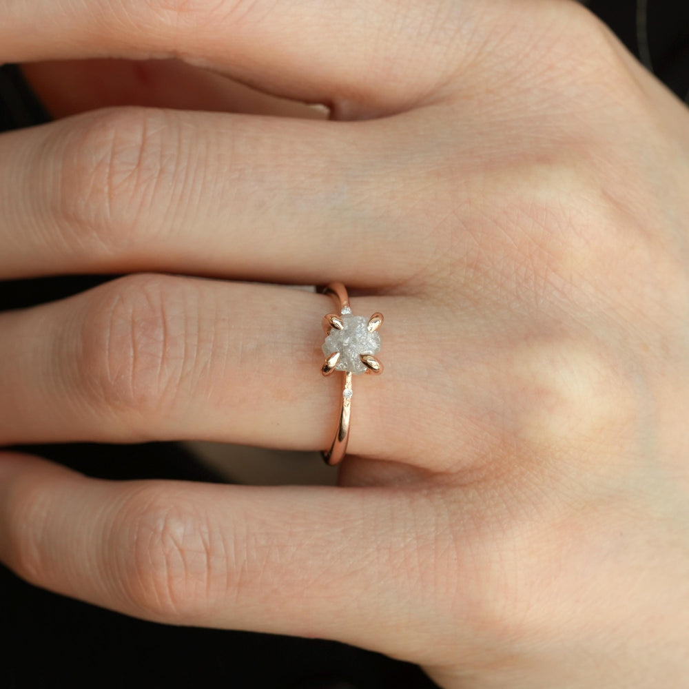 1 Carat Diamond Ring: RTS 14k Solid Rose Gold 4 Prong Set Raw Uncut Round Greyish White Diamond Ring in US size 5 / UK size J 1/2
