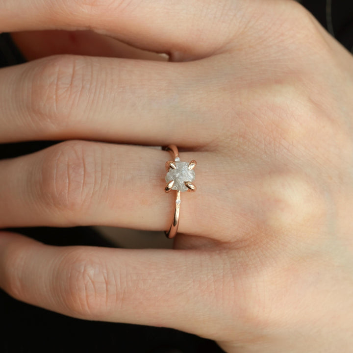 1 Carat Diamond Ring: RTS 14k Solid Rose Gold 4 Prong Set Raw Uncut Round Greyish White Diamond Ring in US size 5 / UK size J 1/2