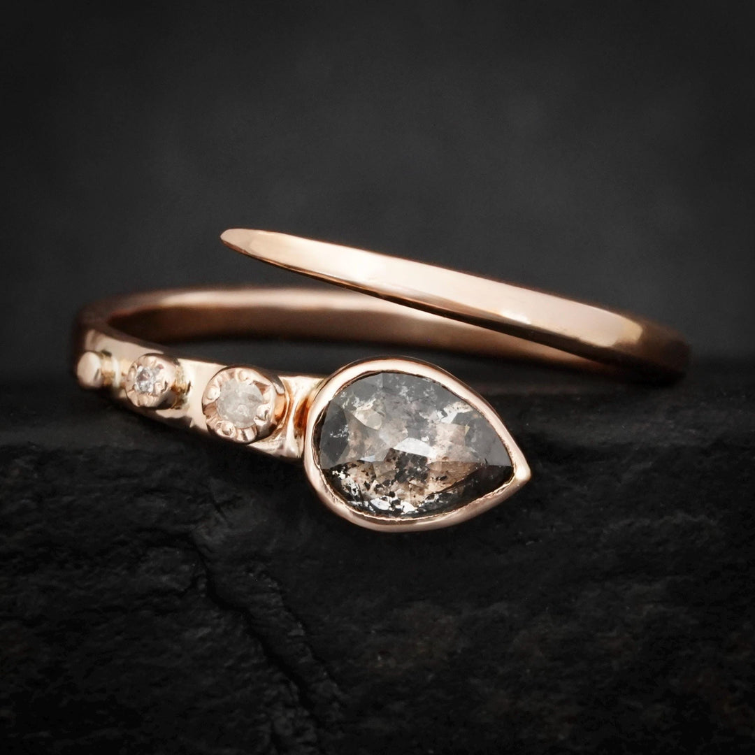 Pear Diamond Ring: RTS 14k Rose Gold Adjustable Pear Rose Cut Salt and Pepper Galaxy Diamond Ring in US size 5.5 - 6.5