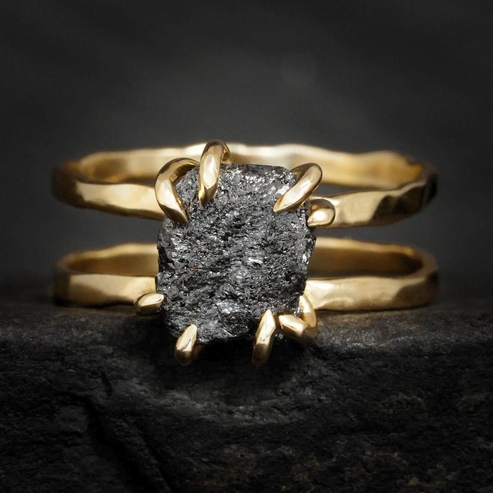 Black Diamond Ring: RTS 14k Solid Yellow Gold 8 Prong Set Raw Uncut Black Diamond Double Band Ring in US size 5.25 and 7