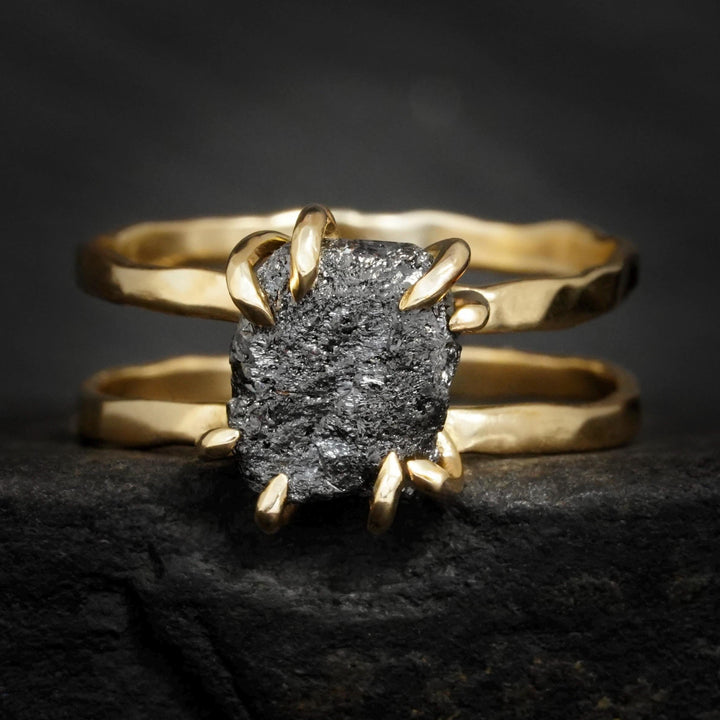 Black Diamond Ring: RTS 14k Solid Yellow Gold 8 Prong Set Raw Uncut Black Diamond Double Band Ring in US size 5.25 and 7